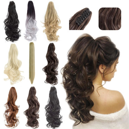 Picture of FELENDY Ponytail Extension Claw 18" 20" Curly Wavy Straight Clip in Hairpiece One Piece A Jaw Long Pony Tails for Women (Black To Silver Grey,Curly)