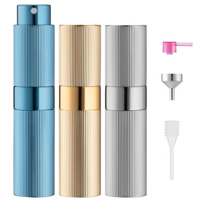 Picture of LISAPACK Perfume Travel Refillable Bottle: Atomizer Cologne Spray for Men Portable - Mini Sprayer Empty for Refill - Small Size 8ML Striped (Silver, Gold, Blue)