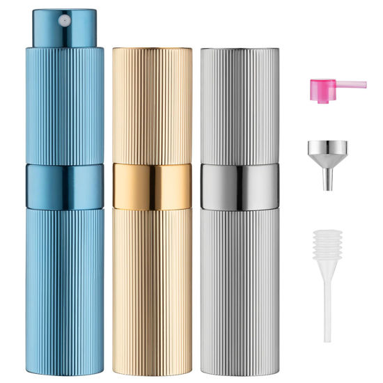 Picture of LISAPACK Perfume Travel Refillable Bottle: Atomizer Cologne Spray for Men Portable - Mini Sprayer Empty for Refill - Small Size 8ML Striped (Silver, Gold, Blue)