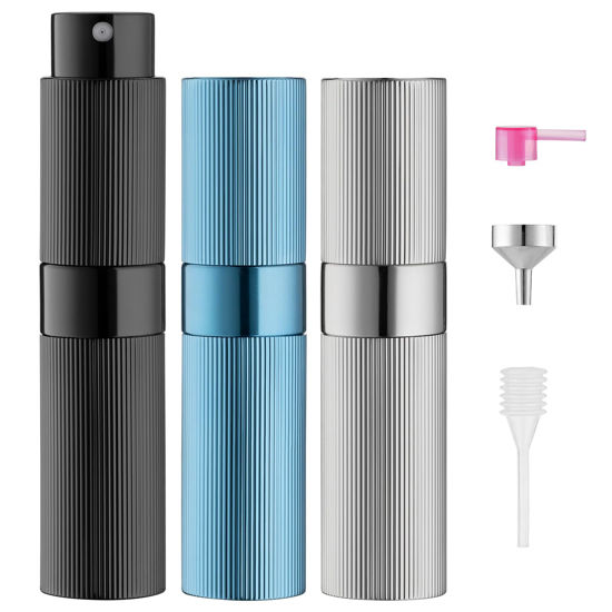 Picture of LISAPACK Perfume Travel Refillable Bottle: Atomizer Cologne Spray for Men Portable - Mini Sprayer Empty for Refill - Small Size 8ML Striped (Black, Silver, Blue)