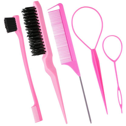 Picture of 5Pcs Slick Back Brush Set with Topsy Tail Tool, Teasing Bristle, Rat Comb for Women & Girls Hair Styling, Flyaways Control and Edge Combing - Pink