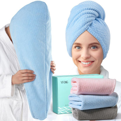 Picture of YFONG 3 Pack Large Microfiber Hair Towel Wrap, 30" x 10" Thicker Anti Frizz Quick Dry Hair Towels for Women Long, Curly, Thick Hair, Super Absorbent Hair Turban for Wet Hair (Grey, Pink, Blue)