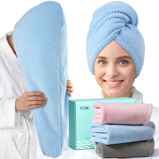 Picture of YFONG 3 Pack Large Microfiber Hair Towel Wrap, 30" x 10" Thicker Anti Frizz Quick Dry Hair Towels for Women Long, Curly, Thick Hair, Super Absorbent Hair Turban for Wet Hair (Grey, Pink, Blue)