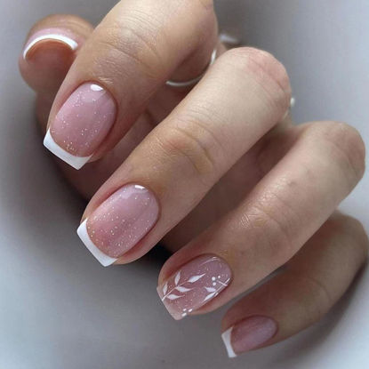 Picture of Press on Nails Short Square White French Tip Fake Nails Press ons with Glitter Leaves Designs Acrylic Nails Glossy Glue on Nails Light Purple Full Cover Stick on Nails for Women 24 Pcs