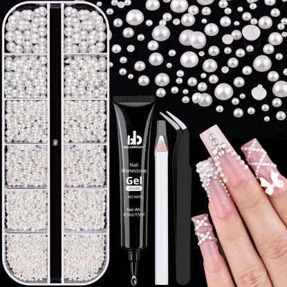 Picture of Flatback Pearls for Nail Art with Rhinestones Glue Gel, Half Round Nail White Pearls with Pickup Pencil and Tweezers, Pearls Nail Charms Accessories for Acrylics Manicure Face Hair Crafts Decor