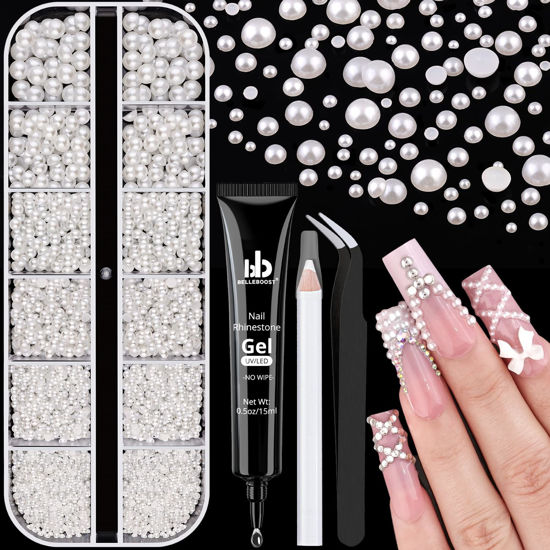 Picture of Flatback Pearls for Nail Art with Rhinestones Glue Gel, Half Round Nail White Pearls with Pickup Pencil and Tweezers, Pearls Nail Charms Accessories for Acrylics Manicure Face Hair Crafts Decor