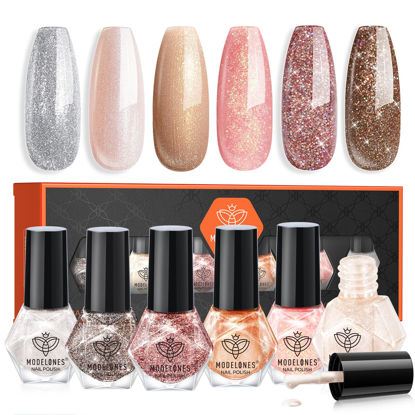 Picture of Modelones Nail Polish Set 6 Colors Gold Glitter Mini Nail Polish Set Winter Shimmer Pearl Pink Nude Silver Quick Dry Nail Polish Kit Manicure DIY Nails Art Salon Home Gift For Women Girl
