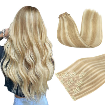 Picture of DOORES Clip in Hair Extensions, Dark Blonde Highlighted Bleach Blonde 110g 7pcs 14 Inch, Seamless Clip in Hair Extensions Real Human Hair Skin Weft Straight Hair Invisi Edge Hair Extensions