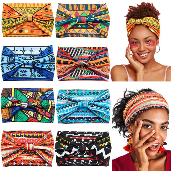 Picture of Yeshan Women's Wide Boho Knotted Non-Slip Turban Headwraps - Stretchy Bandeau Hair Bands for Sports, Yoga, Workouts, Pack of 8