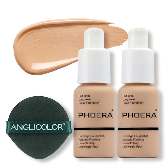 Picture of PHOERA Foundation Makeup, Flawless Soft Matte Oil Control Liquid Foundation, Full Coverage Mattle Oil-Control Concealer for Older Women, Great Choice For Gift (#104 Buff Beige(2pcs)）