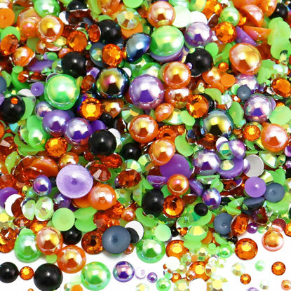 Picture of Briskbloom 60g Mix Pearls and Rhinestones for Crafts, 3620PCS 2mm-10mm Flatback Pearl Rhinestones for Nails Face Art Tumblers, Halloween Jelly Rhinestones and Half Pearls, Orange|Black|Green|Purple