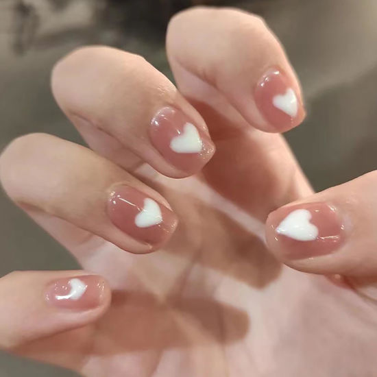 Picture of 24Pcs Valentines Nails Press on Nails Short Square Valentines Fake Nails with White Heart Design Valentines Heart Nails Stick on Nails Valentines Day Nails False Nails for Women and Girls DIY Manicure