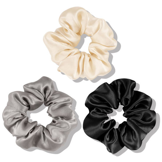 Picture of OLESILK 100% Mulberry Silk-Scrunchies for Hair Sleep, Women Grils Silk Hair Ties for Frizz & Breakage Curly Hair, No Damage, Elastics Ponytail Holder, 3 Pack