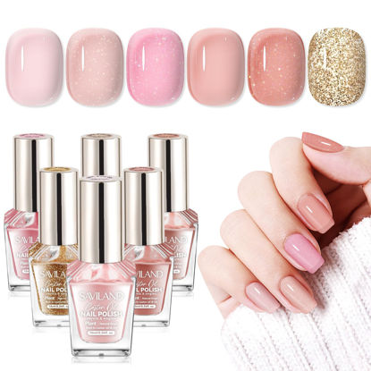 Picture of SAVILAND Quick Dry Nail Polish: 6Pcs Hot Sheer Color Nail Polish Set Neutral Solid Color Pink Nudes Glitter Nail Polish Kit Castor Oil Non Gel X Nail Polish Finger Toe Nail Art Home DIY Gift Set