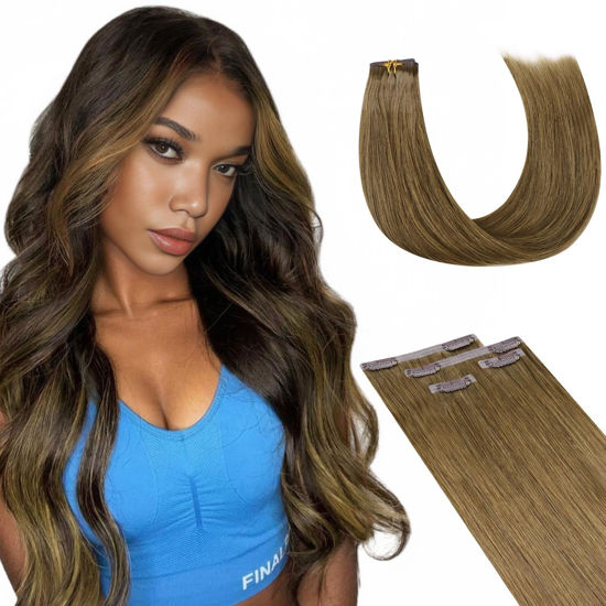 Picture of Lashey Seamless Clip in Hair Extensions Human Hair, 4pcs 48g Medium Brown 20 Inch, Straihgt Hair Extensions Real Human Hair with PU Soft Invisi Edge