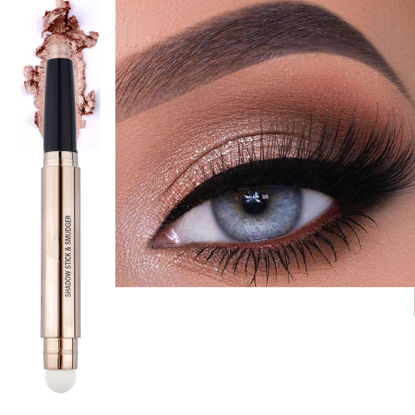Picture of 2 in 1 Eyeshadow stick and Sponge Makeup Brush, Brown Smooth Cream Shimmer Shadow Pencil Long Lasting Waterproof Eye Shadow Highlighter Stick Makeup , Hypoallergenic Eyeshadow, Highlighter Eye Liner