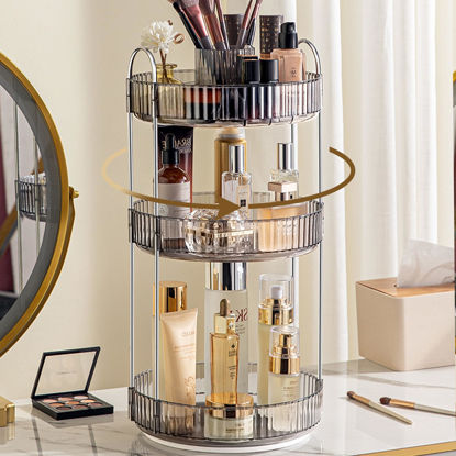 Picture of Aveniee 360° Rotating Makeup Organizer for Vanity, Upagraded Perfume Skincare Bathroom Counter Organizers with Brush Divider, 3 Tier Spinning Lipstick Cosmetic Makeup Lotion Storage Organizer (Grey)