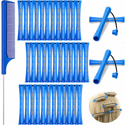 Picture of 36 Pieces Cold Wave Rod Hair Perm Rods Hair Rollers Perming Rods Curlers with Steel Rat Tail Comb for Hairdressing Styling (Blue, 0.35 Inch)