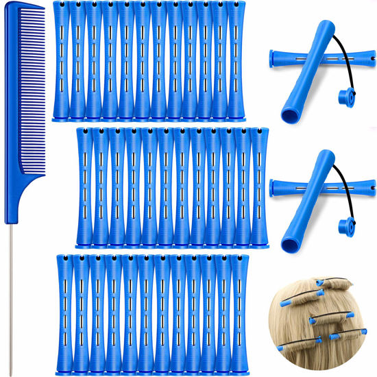 Picture of 36 Pieces Cold Wave Rod Hair Perm Rods Hair Rollers Perming Rods Curlers with Steel Rat Tail Comb for Hairdressing Styling (Blue, 0.35 Inch)