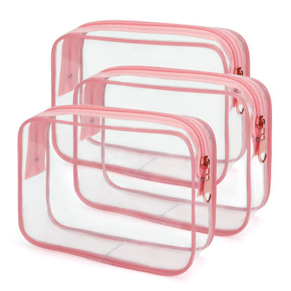 Picture of Wedama TSA Approved Toiletry Bag, Cosmetic Bags 3 Pack with Zipper Carry on Airline Airport Travel Accessories, PVC Makeup Bags for Travel, Quart Size Travel Bags for Men and Women-Pink
