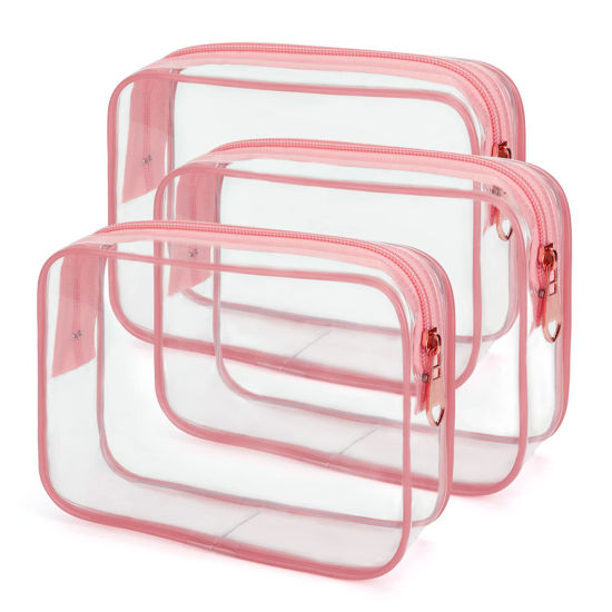 Picture of Wedama TSA Approved Toiletry Bag, Cosmetic Bags 3 Pack with Zipper Carry on Airline Airport Travel Accessories, PVC Makeup Bags for Travel, Quart Size Travel Bags for Men and Women-Pink