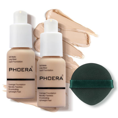 Picture of PHOERA Foundation Makeup, Flawless Soft Matte Oil Control Liquid Foundation, Full Coverage Mattle Oil-Control Concealer for Older Women, Great Choice For Gift (#102 Nude(2pcs)）