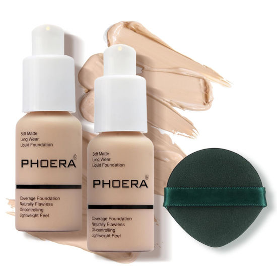 Picture of PHOERA Foundation Makeup, Flawless Soft Matte Oil Control Liquid Foundation, Full Coverage Mattle Oil-Control Concealer for Older Women, Great Choice For Gift (#102 Nude(2pcs)）