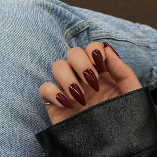 Picture of More Burgundy Press on Nails Medium Almond Fake Nails Press on Acrylic Nails Set,KQueenest Dark Red Stiletto Nails Glue on Nails Medium Length Gel False Nails Short Almond Nails UV Coating in 24PCS