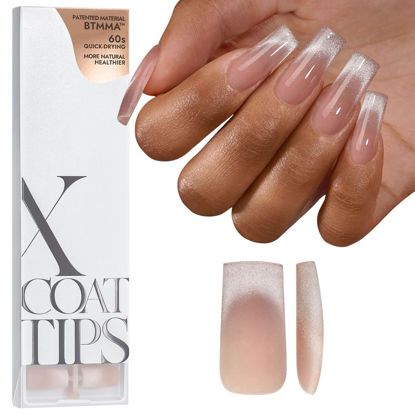 Picture of BTArtboxnails XCOATTIPS Press on Nails - Cat Eye Christmas Press on Nails, French Tip Nails Long Square Nail Tips, Soft Gel Nails False Nail, Soak Off Acrylic Fake Nails Extensions