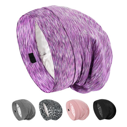 Picture of SOLZEK Real Silk Bonnet for Sleeping Hair Wrap Men Women Curly Adjustable Night Cap for Natural Hair Anti Frizz Stay on Double Layer 1Pcs (Purple)