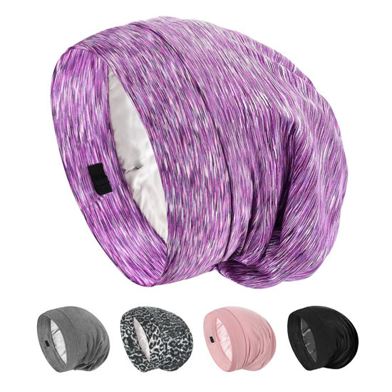 Picture of SOLZEK Real Silk Bonnet for Sleeping Hair Wrap Men Women Curly Adjustable Night Cap for Natural Hair Anti Frizz Stay on Double Layer 1Pcs (Purple)