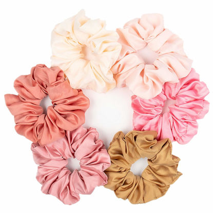Picture of 6 Pieces Satin Silk Scrunchies for hair, Big Hair Scrunchies Satin Hair Ties Ponytail Holder No Hurt Your Hair