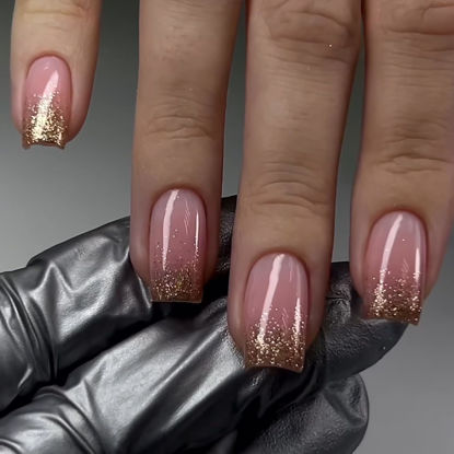 Picture of Square Press on Nails Gold Glitter Ombre Acrylic Nails Medium Pink Fake Nails Glossy Gradation Stick on Nails Glitter Full Cover Glue on Nails for Women Girls Manicure 24Pcs