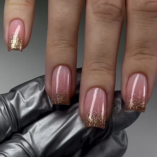 Picture of Square Press on Nails Gold Glitter Ombre Acrylic Nails Medium Pink Fake Nails Glossy Gradation Stick on Nails Glitter Full Cover Glue on Nails for Women Girls Manicure 24Pcs
