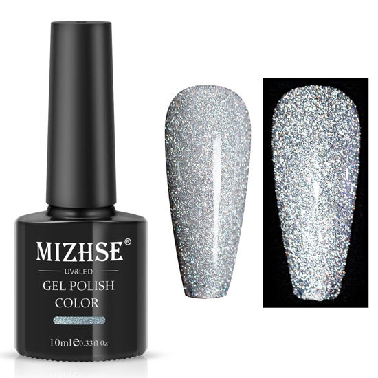 Picture of MIZHSE Reflective Glitter Gel Nail Polish, Silver Nail Gel Sparkly Shiny Gel Polish, Soak Off Nail Art Salon Varnish for Beginners Manicure DIY at Home