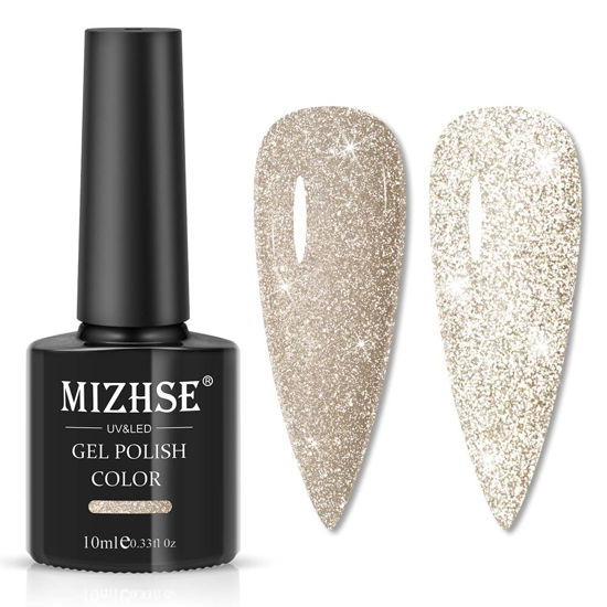 Picture of MIZHSE Reflective Glitter Gel Nail Polish, Light Gold Sparkly Shiny Gel Polish, Shimmer Nail Gel Soak Off Nail Art Manicure DIY at Home
