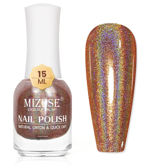 Picture of MIZHSE Holographic Nail Polish, Brown Glitter Nail Polish Air Dry Fast, 15 ml Fall Nails High Glossy Shimmer Nail Pigment Oil-based Laser Iridescent Nail Polish Chrome Nail Art Salon Manicure Home