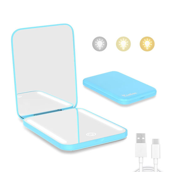 Picture of Kintion Rechargeable Pocket Mirror, Double Sided 1X/3X Magnification Compact Vanity Mirror, 3 Color Lights, Dimmable, Small Portable Wallet Mirror, Lighted Travel Mirror for Women Gifts, Blue