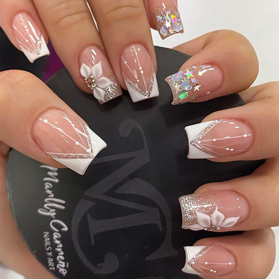 Picture of RUOKEXIN Square Press on Nails White French Tip Fake Nails Medium False Nails with Glitter Designs Full Cover Glue on Nails Sparkly Artificial Nails Cute Stick on Nails for Women 24Pcs