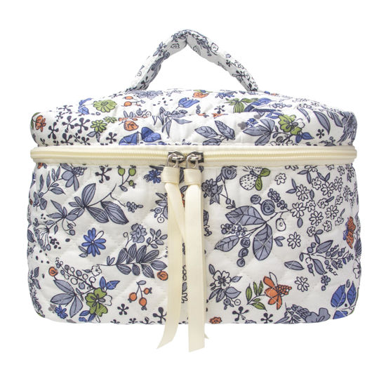 Picture of PAZIMIIK Cotton Makeup Bag for Women Large Quilted Travel Cosmetic Case Girls' Make Up Organizer,Leaf White