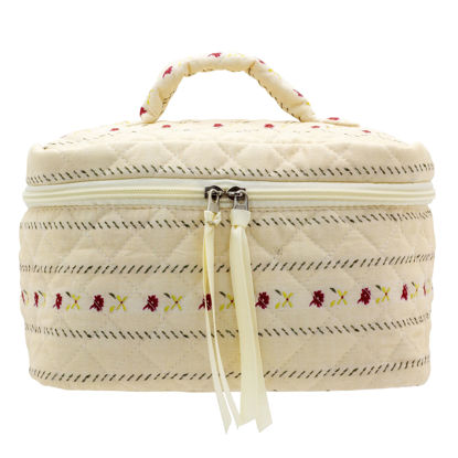 Picture of PAZIMIIK Cotton Makeup Bag for Women Large Quilted Travel Cosmetic Case Girls' Make Up Organizer,Little Flower Beige
