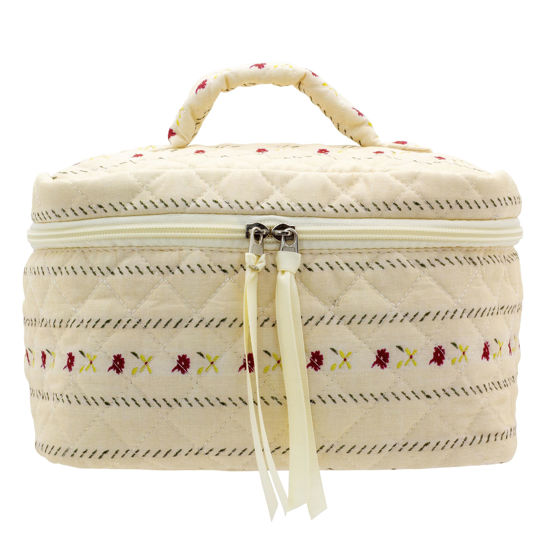 Picture of PAZIMIIK Cotton Makeup Bag for Women Large Quilted Travel Cosmetic Case Girls' Make Up Organizer,Little Flower Beige
