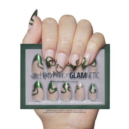 Picture of Harry Potter™ x Glamnetic Press On Nails - Parseltongue™ | Green Snake Graphic French Tip Short Almond False Nails, Reusable Stick On Fake Nails with Glue | Salon Quality | 15 Sizes - 30 Nail Kit
