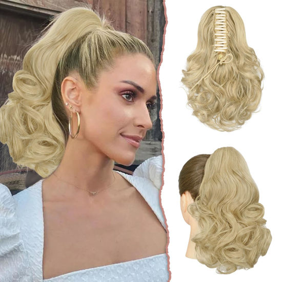 Picture of SOFEIYAN Ponytail Extension 11 inch Claw Clip Ponytail Hair Extensions Long Curly Wavy Ponytail Fluffy Clip on Pony Tails Synthetic Hairpiece for Women，Light Blonde mix Bleach Blonde Evenly