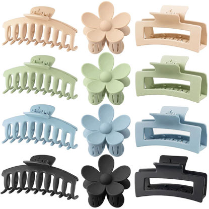 Picture of Large Hair Claw Clips 12 Pack 4.3 Inch Rectangle Hair Clips Flower Hair Clips for Women Thick Hair, Big Hair Clips Matte Hair Clips Hair Claws Banana Clips Strong Hold jaw clips, 3 Styles 4 Colors