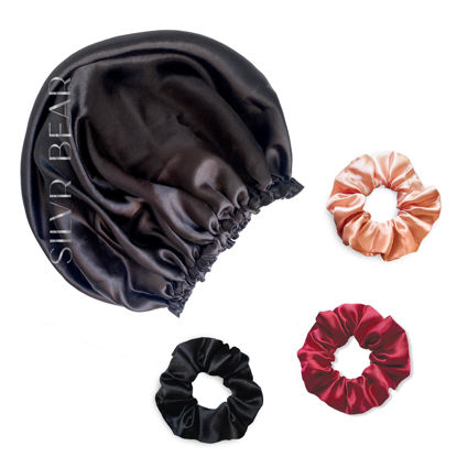 Picture of Silvr Bear Satin Sleep Bonnet for Women | Hair Sleep Bonnet| Great for Thick and Curly Hair | Reversible Black Satin Bonnet