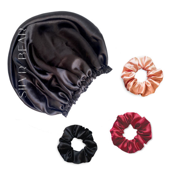 Picture of Silvr Bear Satin Sleep Bonnet for Women | Hair Sleep Bonnet| Great for Thick and Curly Hair | Reversible Black Satin Bonnet