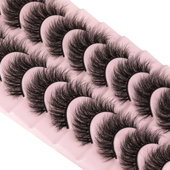 Picture of wiwoseo False Eyelashes Natural Wispy Faux Mink Lashes Natural Look Eyelashes Fluff Curly Crossing 16MM 3D Effect Eyelashes 10 Pairs Pack