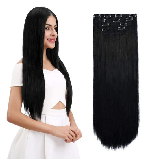 Picture of REECHO 18" Straight Long 4 PCS Set Thick Clip in on Hair Extensions Natural Black