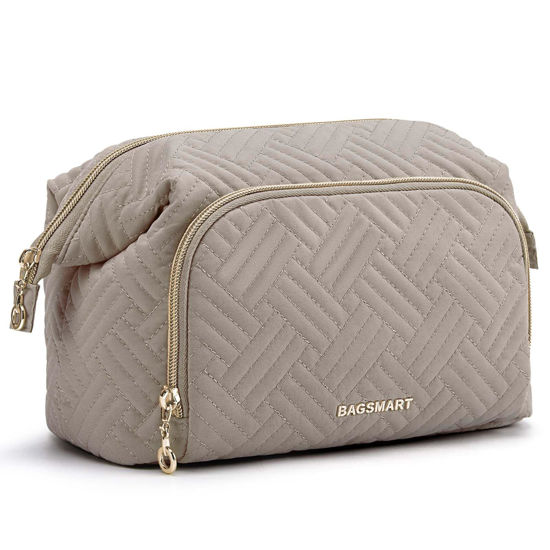 Picture of BAGSMART Travel Makeup Bag, Cosmetic Bag Small Make Up Organizer Case,Wide-open Pouch for Women Purse for Toiletries Accessories Brushes,Large Tranquil Gray